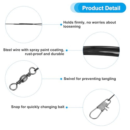 PATIKIL Fishing Wire Leaders Nylon-Coated Fishing Line Leaders with Swivel and Snap for Saltwater Freshwater - color: Black, size: 6"