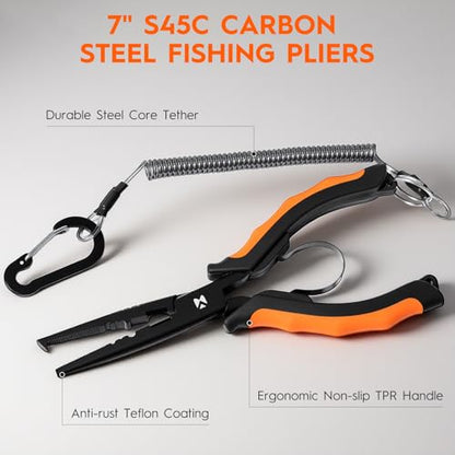 BasicGear Heavy-Duty Fishing Pliers - 7" S45C Carbon Steel Head with Teflon Coating, External Spring & Steel-Core Lanyard - color: S45c Carbon Steel