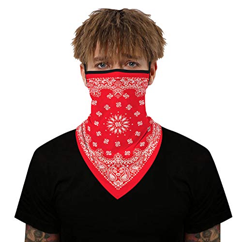 YAYOUREL Neck Gaiter Face Mask Bandanas for Men Women UV Face Scarf Cover Ear Loop Hole Facemask for Fishing Running Cycling - color: Red White