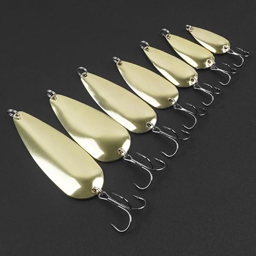 Fishing Spoons Metal Fishing Lures Kit, 5pcs Gold Metal Jigging Trout Lures Casting Trolling Spoon with with Treble Hooks for Trout Bass Pike Walleye Crappie Bass Salmon - size: 1/2oz