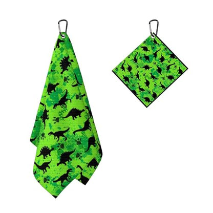 Cute Dinosaurs Golf Towel for Golf's Bags Carts Dinosaur Paws Pattern Golf Towels with Clip Paw Print Waffle Towels Cartoon Green Cleaning Cloth 2 Packs for Men Golfer, Birthday Present - color: Green Black