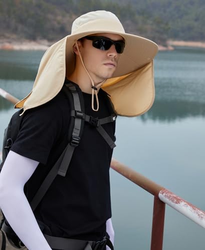 HUAMULAN Women Large Brim Sun Hat with Neck Flap, Men Quick Dry Hiking Fishing Safari Hat UPF 50+ - color: Beige With Mesh Panel