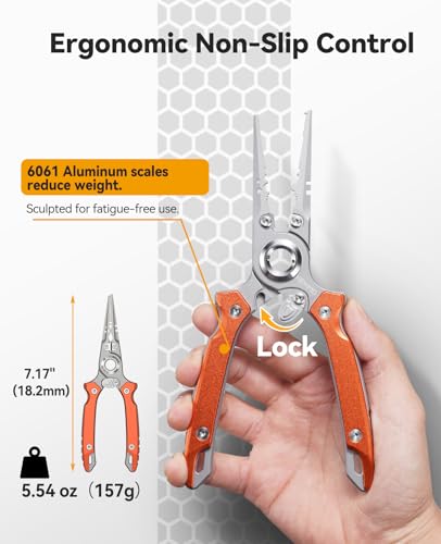 KEXMO 17-4 Stainless Steel Fishing Pliers, Anti-Twist Saltwater Hook Remover Tool, 7.17" Split Ring Pliers with Tungsten Cutters, Lightweight Aluminum Scales, Luminous Locking S-Carabiner - color: Orange