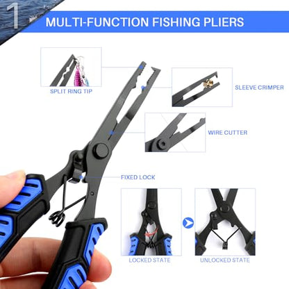 mouhike Fishing Pliers Fish Lip Gripper Fishing Tool Kit Muti-Function Saltwater Fishing Line Cutter Hook Remover with Sheath Lanyard, Fly Ice Fishing Gear Fishing Gifts for Men Women - color: Blue & Black
