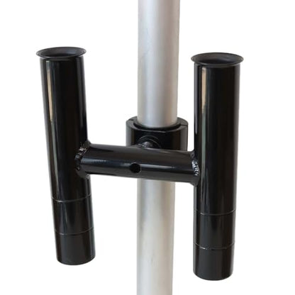 T-Top fishing Rod Holder Twin Aluminum clamp-on fit 1-1/2",1-7/8",2" inch horizontal or vertical fishing tower/leaning post/rail white black anodized (Black)