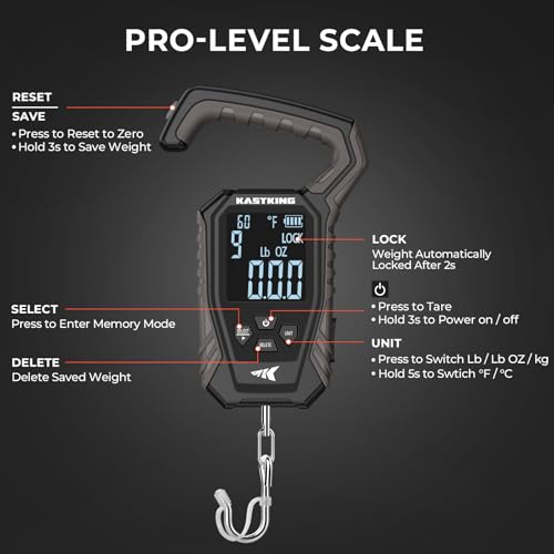 KastKing Weighmaster Mechanical-Digital Fishing Scale, 120 lb Capacity, 2.5" Backlit Display, High-Precision Sensor, 9 Weight Memory, Temperature Detection, IPX6 Waterproof, Fishing Gifts - style: A: Black