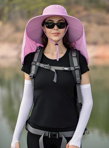 HUAMULAN Women Large Brim Sun Hat with Neck Flap, Men Quick Dry Hiking Fishing Safari Hat UPF 50+ - color: Lavender Pink ‌with Mesh Panel