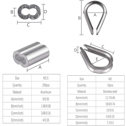 Wire Rope Crimping Tool Kit, 100FT Stainless Steel Cable, 100PCS Aluminum Crimping Loop Sleeve, Wire Rope Thimble