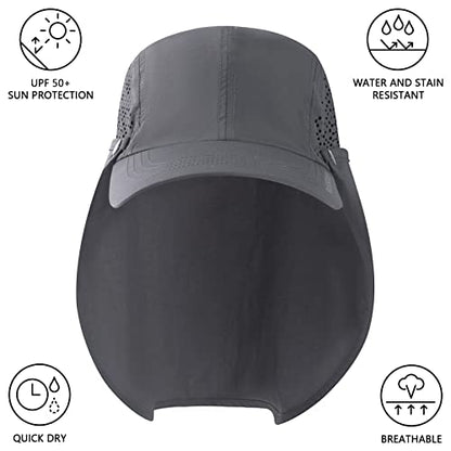 BASSDASH UPF 50+ Foldable Fishing Hat Baseball Cap with Removable Neck Flap Portable for Men Women Golf Hiking - color: Dark Grey With Unfoldable Brim