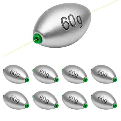 Egg Sinkers Fishing Weights, Oval Slip Sinkers Bullet Lead Fishing Weights for Freshwater Saltwater Tackle Set 1/8oz to 1oz - color: 2oz-60g-8pcs