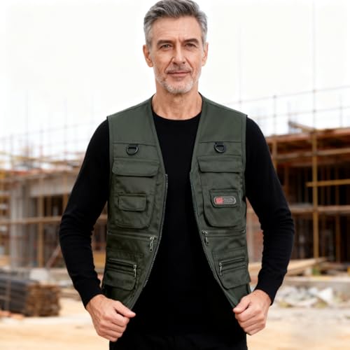 1PC Men's Heavy Duty Lined Vest with 10 Pockets, Warm Padded Sleeveless Jacket for Fishing, Hiking, Photography, Work Olive Green Large, Green