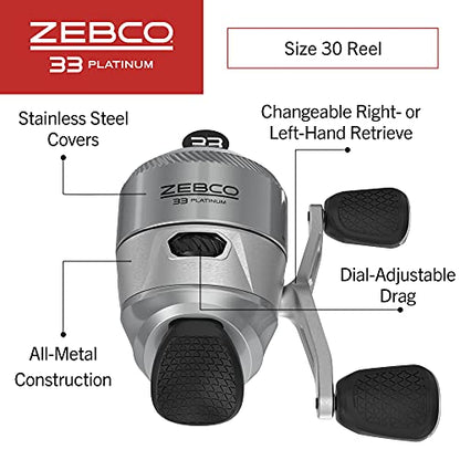Zebco 33 Platinum Spincast Reel, 5 Ball Bearings (4 + Clutch), Instant Anti-Reverse with a Smooth Dial-Adjustable Drag, Powerful All-Metal Gears and Spooled with 10-Pound Cajun Line