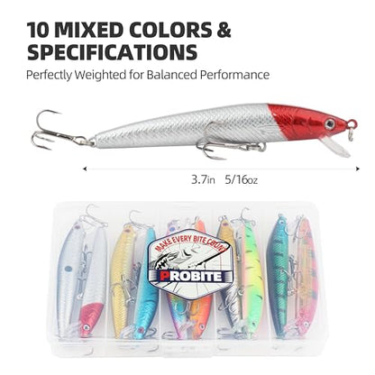 10Pcs Minnow Fishing Lures Set, Shallow Diver Jerkbait with Built-in Sonic Vibrations, Life-Like Bionic Swimbait with Sharp Treble Hooks for Bass, Trout, Walleye, Saltwater & Freshwater - size: 3 3/4inch, 1/4 oz
