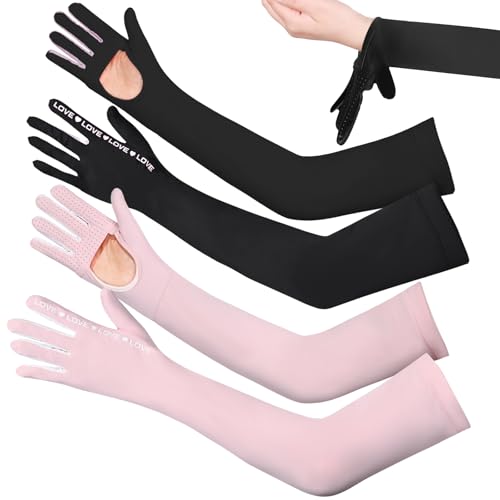 2 Pairs UV Protection Gloves Full Arm Sunblock Gloves with Ventilation Holes, Summer Sun Protection Gloves for Driving - color: Black Pink