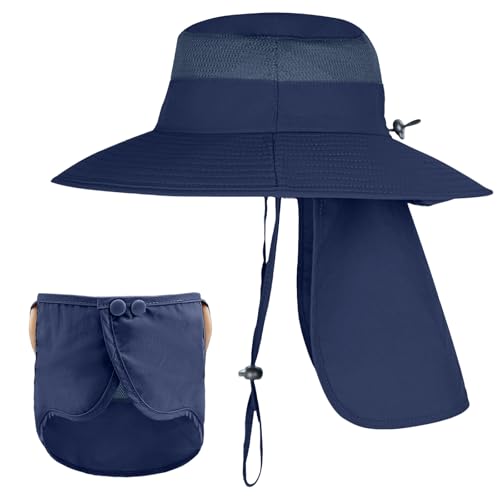 Sun Hats for Men Women Fishing Hat UPF 50+ Breathable Wide Brim Bucket Hats Summer UV Protection Safari Hat with Neck Flap - color: Navy Blue (With Face Cover)