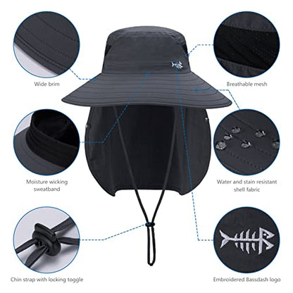 BASSDASH UPF 50+ Breathable Sun Hat with Removable Face Cover and Neck Flap Wide Brim Bucket Hat for Fishing Hiking Men Women - color: Dark Grey