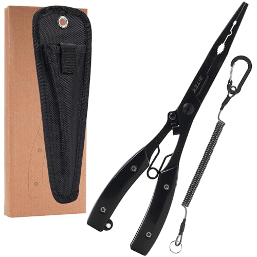 BiteX Saltwater Long Nose Fishing Pliers with Braid Cutter & Hook Remover | Titanium-Coated Stainless Steel, Extended Reach, Better Control, Deep-Set Hook Remover, One-Hand Operation, Lanyard & Sheath