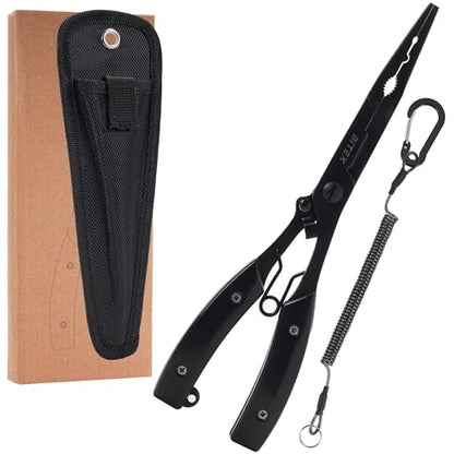 BiteX Saltwater Long Nose Fishing Pliers with Braid Cutter & Hook Remover | Titanium-Coated Stainless Steel, Extended Reach, Better Control, Deep-Set Hook Remover, One-Hand Operation, Lanyard & Sheath