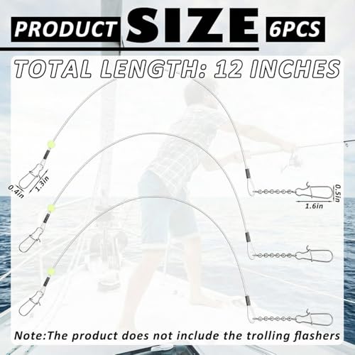 Threlaco 6 Pcs Trolling Bumper for Trolling Flashers Dodgers Fishing Leader Saltwater Leader Line Bottom Rigs Clear Nylon Surf Fishing Steel Tackle Rigs with Swivel Snaps Beads - size: 12 Inch