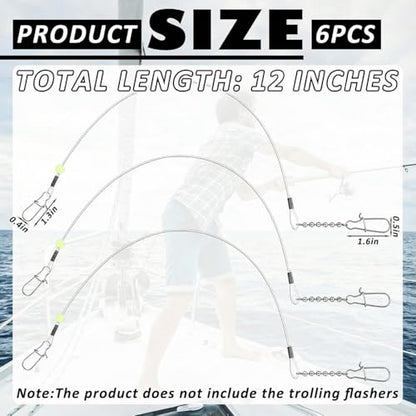Threlaco 6 Pcs Trolling Bumper for Trolling Flashers Dodgers Fishing Leader Saltwater Leader Line Bottom Rigs Clear Nylon Surf Fishing Steel Tackle Rigs with Swivel Snaps Beads - size: 12 Inch