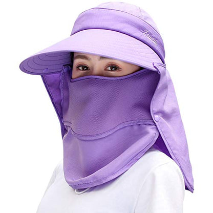 Women Wide Brim Face Mask Sun Hat Detachable Neck Face Flap Ponytail UV Protection Visor Hat Garden Fishing Hiking - color: A5-shun005-purple