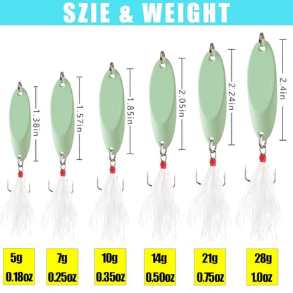 6PCS Fishing Jigs Lures Saltwater Luminous Fishing Spoons Lure Metal Treble Hooks Trout Lures Hard Metal Spinner Baits 5 Sizes Casting Spoon Hooks for Salmon Bass - size: 3/4oz (21g) - 6pcs