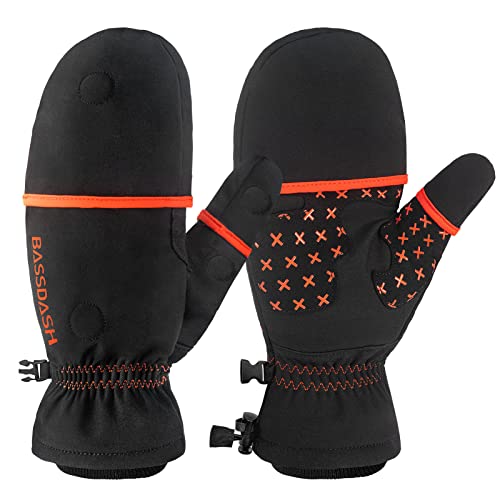 BASSDASH WinteFlex Insulated Ice Fishing Mittens Cold Weather Fingerless Gloves Water Resistant for Men Women Hunting - color: Black, size: X-Small