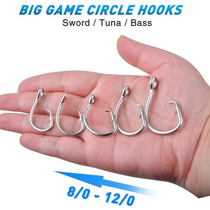 Circle Hooks Saltwater, 40pcs Stainless Steel in-line Straight Eye Tuna Circle Hook Extra Strong Wire Short Shank Fishing Hooks for Tuna Bass Catfish