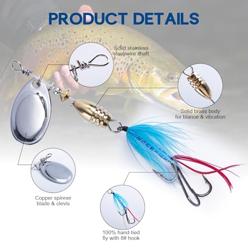 Goture Trout Lures Fishing Spinners,Rooster Bait Tail Bass Fishing Lures with Brass Spinner Blade Fish-Shaped Jig Heads for Freshwater Saltwater,Salmon Steelhead Trout Spinner Bait with Tackle Box - color: D:10pcs Trout Spinners
