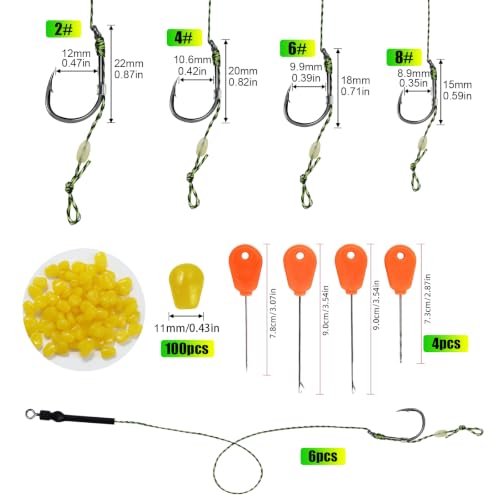 130Pcs Carp Fishing Hair Rigs Kit, 24 High Carbon Steel Curved Shank Barb Hooks, 100 Fake Corn Baits, 2 Line Bait Stoppers & 4 Baiting Needles for Carp Fishing Tackle (#2#4#6#8)