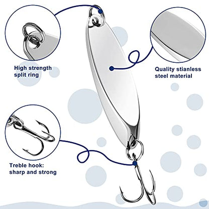 HESTYA Fishing Lures Spoons Saltwater Treble Trout Lures Hard Metal Spinner Baits 5 Sizes Casting Spoon Hooks for Salmon Bass in 1/5 1/4 3/8 1/2 3/4 oz - color: Silver