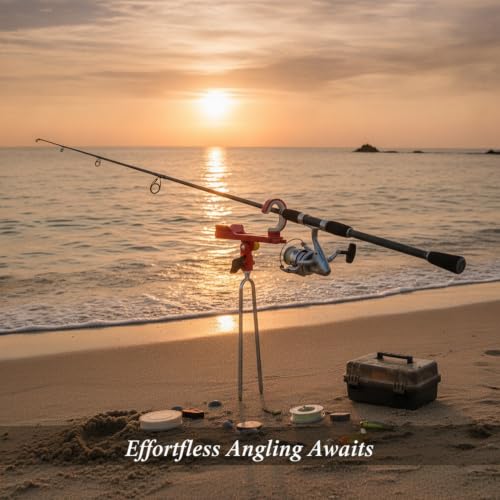 Fishing Rod Holder with Rotatable Head and Ground Spike, Foldable Metal Stake for Riverbank and Beach Angling - color: Red