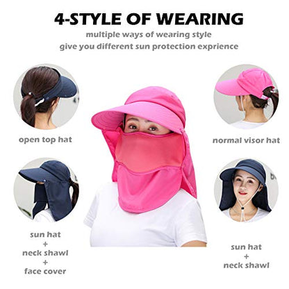 Women Wide Brim Face Mask Sun Hat Detachable Neck Face Flap Ponytail UV Protection Visor Hat Garden Fishing Hiking - color: A5-shun005-purple