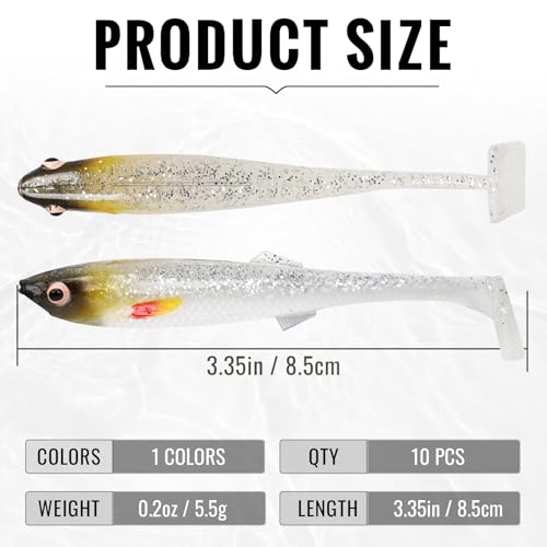 TRUSCEND Shadtale Easy Catch Soft Fishing Lures, Unique Vibration and Action for Various Rigs, Paddle Tail Swimbaits Trailer for Bass, Trout, Crappie, Walleye, Redfish, Saltwater & Freshwater Fishing - color: I3-3.35",0.2oz,10pcs