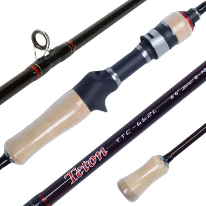 Teton 5'2"-6'6" BFS Fishing Rod Casting & Spinning, Ultra Light Rods, 40T Carbon Fiber Blank, Fuji Guides & Reel Seat, MF Fast Action, 2 Piece Travel Trout Lure Pole - size: Cast 6'6"-L-M Fast-TTC662L(K)
