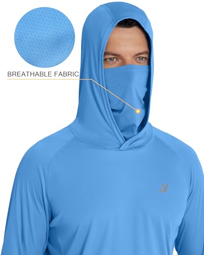 Roadbox Men's UPF 50+ Hooded Fishing Shirts Long Sleeve Sun Protection Hoodie, Hiking Running Swimming Rash Guard with Mask - color: Medium Blue, size: Small