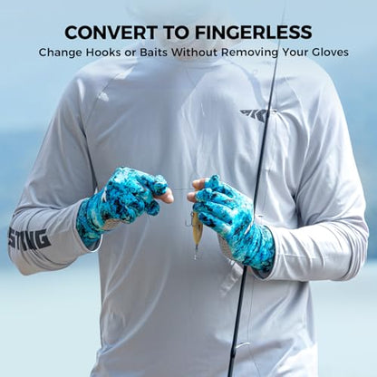 KastKing La Sal Pro Full Finger Fishing Gloves, UPF 50+ Sun Protection Gloves with Convertible Design, Ultralight Microfiber, Ultra-Soft Comfort, FrostWeave Cooling, Enhanced Grip, Four Sizes Options - color: Boulder Camo Sea Foam, size: Large-X-Large