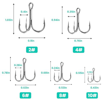 Fishing Hooks Treble Hooks Kit 50pcs Size#2#4#6#8#10 | High Carbon Steel, Strong Sharp Round Bend, For Catfish Trout, Hard Baits Lures, Saltwater Freshwater