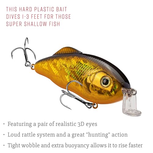 Strike King Hybrid Hunter Shallow Jr. Fishing Lure, Shallow Diving Crankbait, 90-Degree Bill, 3D Eyes, Loud Rattle, Dives 1 to 3-Feet,Size 4 & 6 Treble Hooks - color: Gold/Black Back, size: 1/2 oz