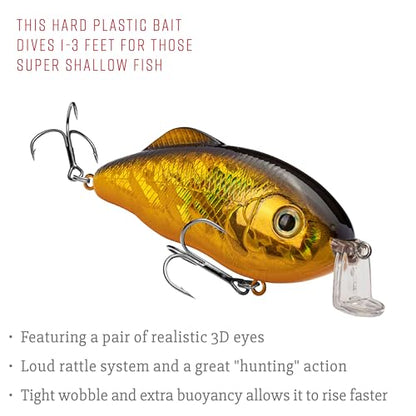 Strike King Hybrid Hunter Shallow Jr. Fishing Lure, Shallow Diving Crankbait, 90-Degree Bill, 3D Eyes, Loud Rattle, Dives 1 to 3-Feet,Size 4 & 6 Treble Hooks - color: Gold/Black Back, size: 1/2 oz