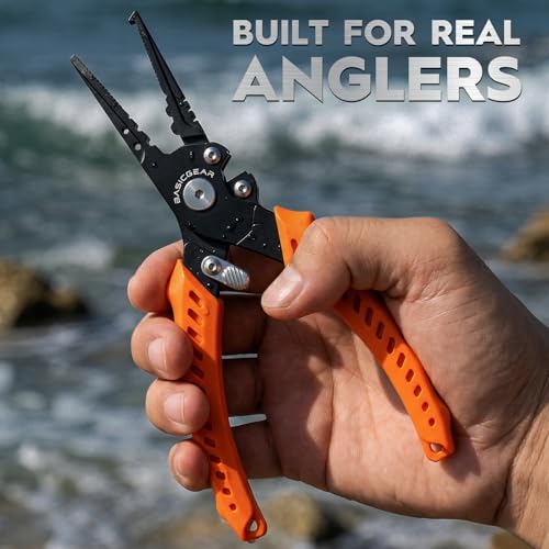 BasicGear Fishing Pliers, 17-4 PH Stainless Steel Saltwater Pliers, Braid Cutter, Split Ring Tool, Corrosion Resistant, One-Hand Operation (7.5" Standard (All-Purpose) - Black) - size: 7.5" Standard (All-Purpose) - Black