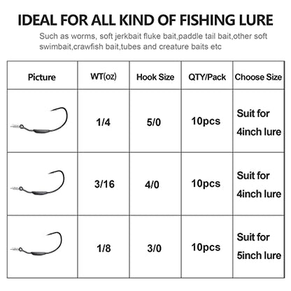 Fishing Bait Soft Plastic Lures 30/50 Pcs, Weighted Hooks 10 Pack & 40-Piece Set, 4in/5in Salty Split Tail Jerk Shad, 3/0 4/0 5/0 Weedless Swimbait Hook for Bass Fishing - color: Silver Gray, size: 5/0 Hook