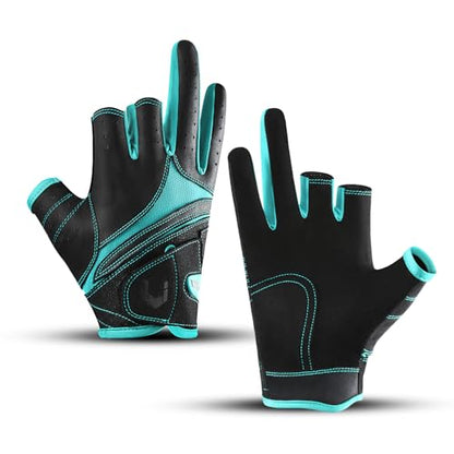 SUJAYU Fishing Gloves Men Women, Anti-Slip Suede Fabric Kayak Gloves, 3-Cut Fingers Fly Fishing Accessories - color: Black+Blue, size: Large-X-Large