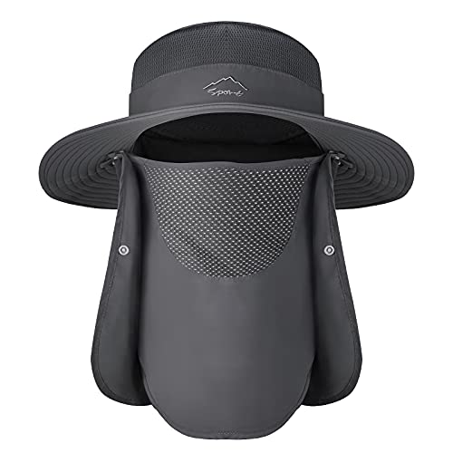 Sun Hats for Men Women, UPF 50+ Waterproof Bucket Hat, Wide Brim Fishing Hat with Removable Face Cover & Neck Flap - color: Dark Grey