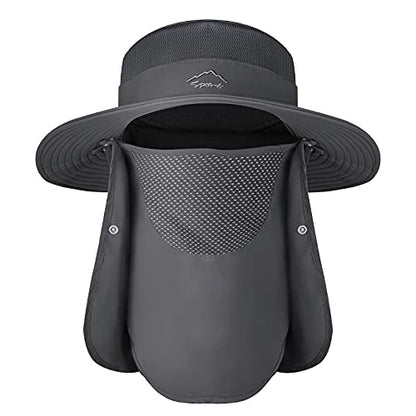 Sun Hats for Men Women, UPF 50+ Waterproof Bucket Hat, Wide Brim Fishing Hat with Removable Face Cover & Neck Flap - color: Dark Grey