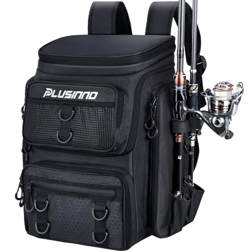 PLUSINNO Fishing Tackle Backpack with Rod Holders，42L Water-resistant Fishing Bag Store Fishing Gear,Fishing Gifts For Men. - color: Black