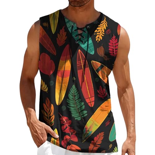 MARSVOVO Mens Print V-Neck Tank Tops Casual Lace-Up Loose Fit Graphic Vest Lightweight Breathable Sleeveless Shirts - color: Pattern Y, size: XX-Large