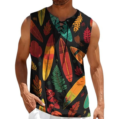 MARSVOVO Mens Print V-Neck Tank Tops Casual Lace-Up Loose Fit Graphic Vest Lightweight Breathable Sleeveless Shirts - color: Pattern Y, size: Medium