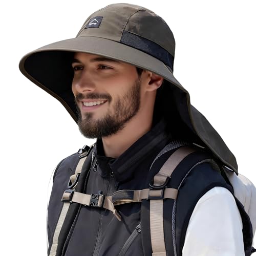 HUAMULAN Men Summer Sun Hat Women Safari Wide Brim Fishing Hats UV Protection Neck Flap Bucket Gardening Hiking Hunting Cap - color: Armygreen With Black Mesh