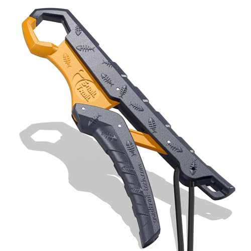 SNAIL TRAIL 7.5'' Floating Fish Gripper, Fishing Grabber | Catfish Mouth Pliers, Caught Bass Holder, Fish Scale Hook Clamp, Saltwater Lip Grip Tool with Lanyard, Gifts for Men - color: Gray-yellow
